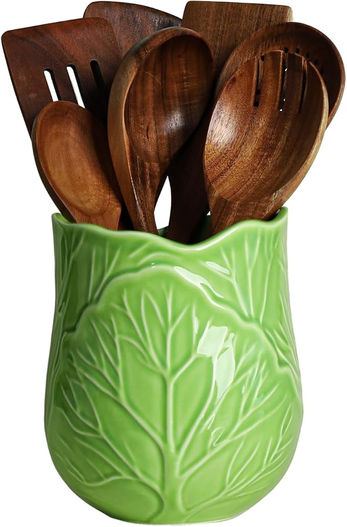 Ceramic Green Cabbage Kitchen Utensil Holder, Large Cooking Utensil Crocks for Countertop, Ocean Style Utensil Organizer for Spatula and Home, B