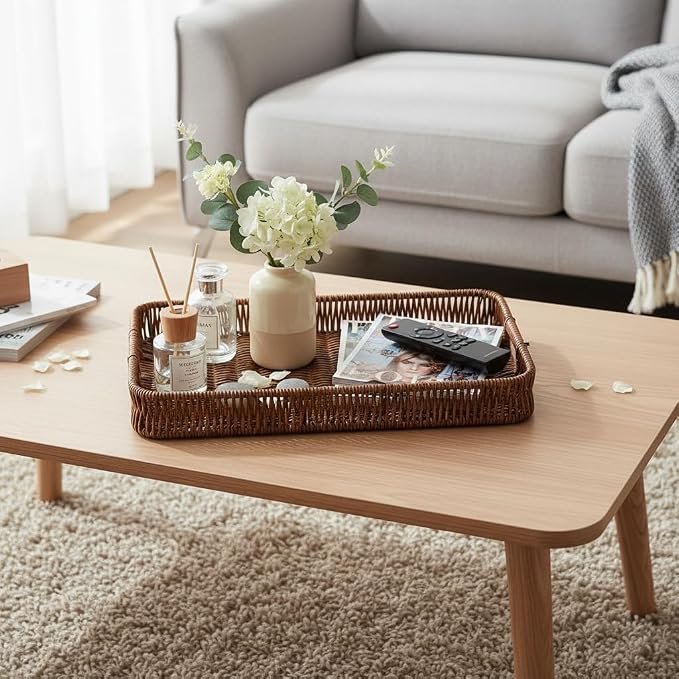 2pcs Rectangular Serving Tray with Handles, Decorative Wicker Organizer Baskets Storage Tray for Coffee Table, Bread, Fruit, Snacks, Centerpiece Decor