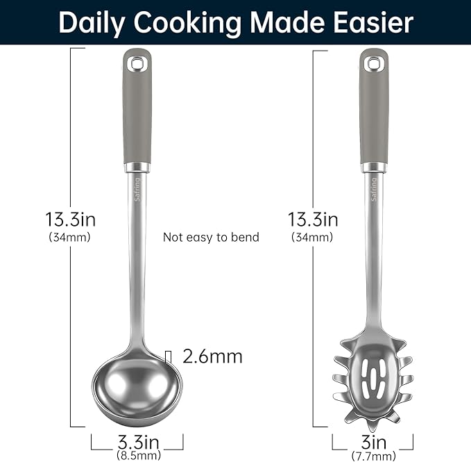 Safring Stainless Steel Soup Ladle and Spaghetti Spoon Set, Heat Resistant Rubber Handle, Dishwasher Safe, Kitchen Utensils for Cooking, Stirring, Serving Pasta, Soup & Sauce (Gray)
