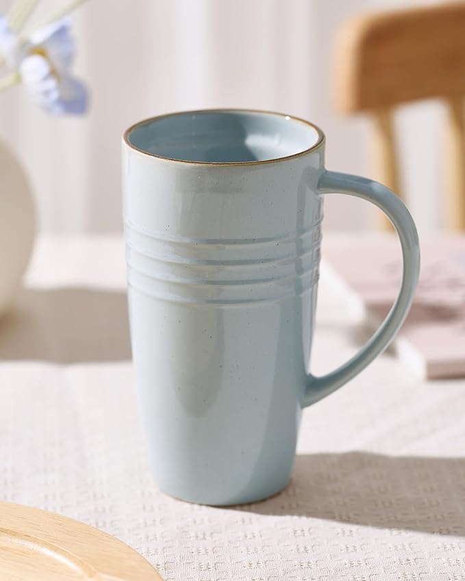 famiware Jupiter Large Coffee Mug, 20oz Coffee Mug with Lid, Ceramic Mugs Set of 2, Cup Set with Handle for Latte, Tea, Cocoa, Milk, Microwave and Dishwasher Safe, Light Blue and Light Green