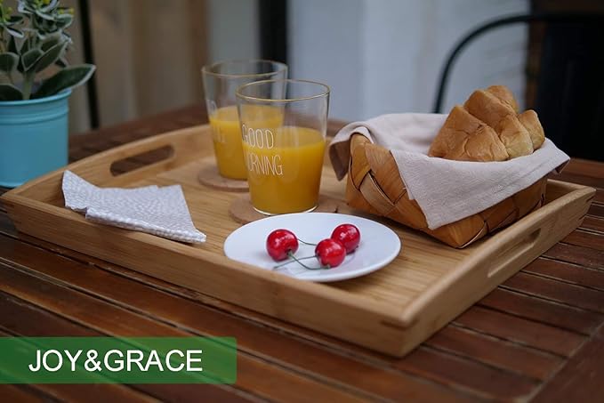 Joy&Grace Bamboo Serving Tray with Handles, Dinner Food Tray for Bed Breakfast Eating and Serving, for Coffee Table Ottoman TV, Decorative Wood Large Charcuterie Platter 16.8 x 12.5 inch 1 Pack