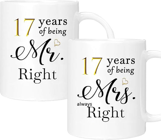17th Anniversary Coffee Mugs Set of 2, 17 Year Anniversary Wedding Gifts Decorations for Couple Parents Men Women Husband Wife Him Her, Gift Box Packaging, 11oz