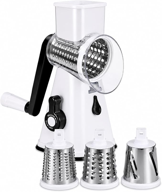Rotary Cheese Grater with Handle, 3 Interchangeable Stainless Steel Blades, Manual Vegetable Slicer & Cheese Shredder, Hand Crank Grater for Cheese, Potato, Carrot, Cucumber, Nuts & Chocolate, White