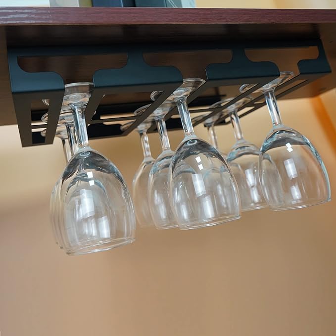 Wine Glass Holder - Hangers Under Shelf Cabinet Stemware Wine Glass Rack Glasses Storage Hanger Metal Hanging Organizer for Bar Kitchen 3 Rows 2 Packs Black