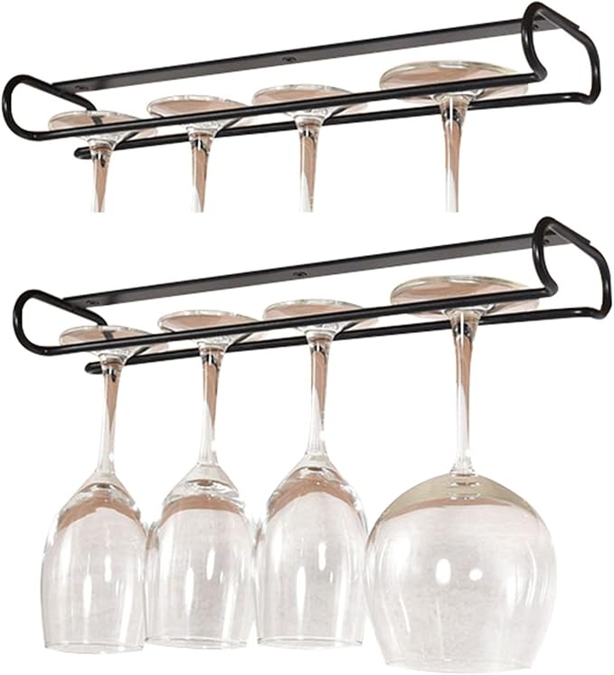 2 Pack Wine Glass Rack Under Cabinet, Hanging Wine Stemware Holder, Stainless Steel Wine Glasses Organizer Storage Hanger For Bar Kitchen Black Chrome (Color : Black, Size : 2pcs)