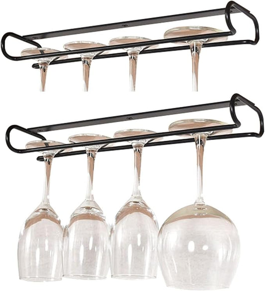 2 Pack Wine Glass Rack Under Cabinet, Hanging Wine Stemware Holder, Stainless Steel Wine Glasses Organizer Storage Hanger For Bar Kitchen Black Chrome (Color : Black, Size : 2pcs)