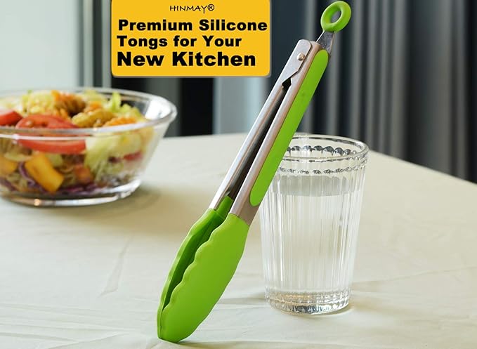 HINMAY Silicone Tongs 9-Inch Stainless Steel Locking Kitchen Tongs, Set of 3 (Green)