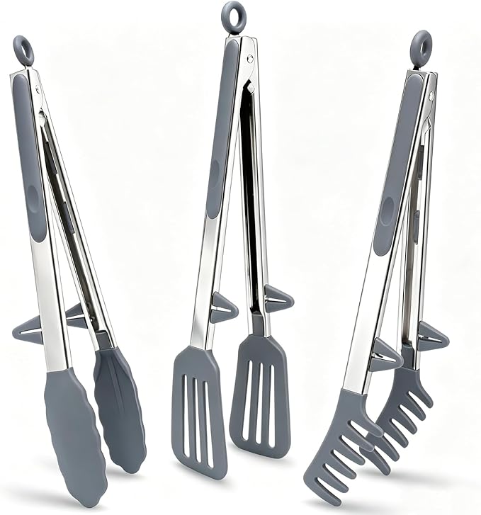 Tongs for Cooking, 12" Kitchen Tongs with Silicone Tips, Food Grade Serving Tongs Set of 3, Grey