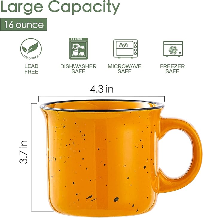 bestone Coffee Mugs Set of 4，16 oz Large Coffee Mugs, Ceramic Mugs with Handles,Salad,Noodles etc Coffee Mugs, Cups for Coffee Cereal Latte ，Microwave & Dishwasher safe，Yellow