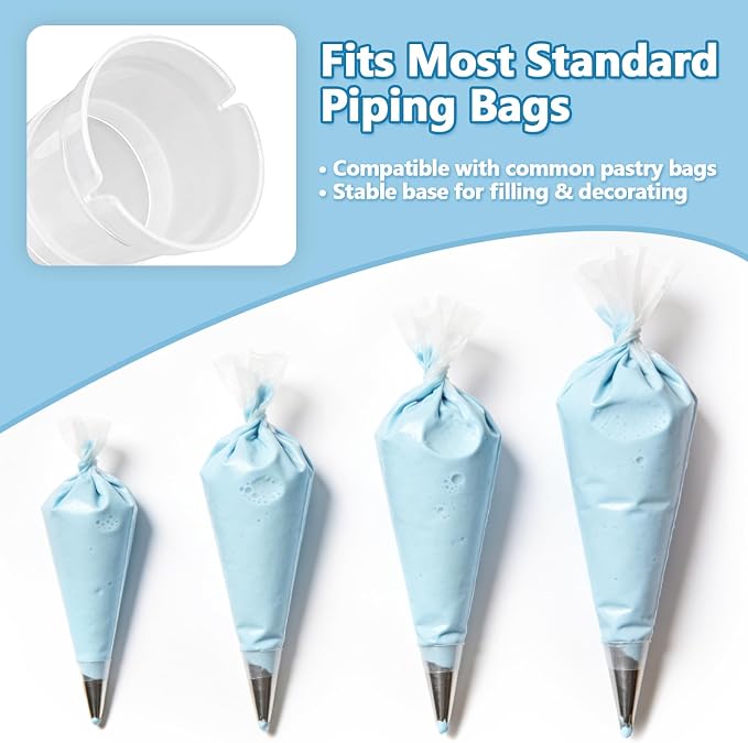 Pastry Piping Bag Holder Stand SET for Filling – Plastic Bakery Piping Stand with 3 Silicone Icing Bag Ties and 1 Frosting Coupler – Stable Baking Decorating Tool (Efficient Set)