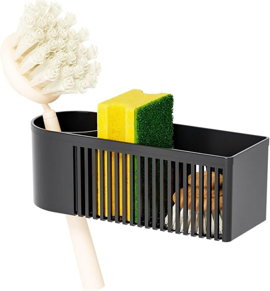 SuoXing Inside Sink Sponge Holder,Black Rustproof Sink Caddy and Scrub Holder for Kitchen Sink with Suction Cup,Adhesive,Plastic Dish Sink Organizer for Scrub Brush,Scrubber,Dish Sponge,Spinge Holder