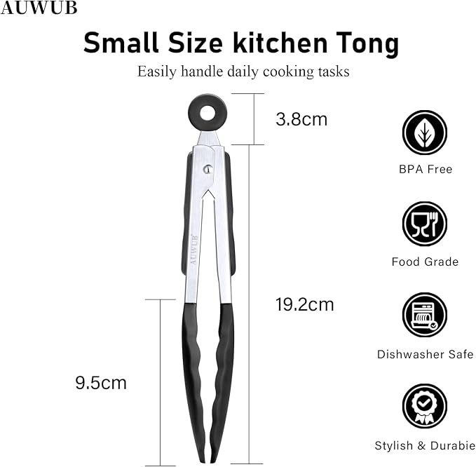 7 Inch Small Silicone Salad Cooking Tongs, Food Serving Tongs with Heat Resistant Non-Slip Grip, Black Color Kitchen Utensils for Salad Charcuterie Board