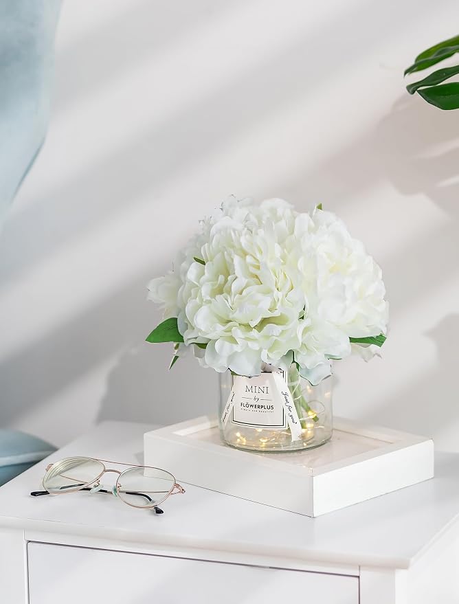 BLOSMON Fake Flowers in Vase for Table: White Artificial Hydrangea with Glass Vase LED Light for Centerpieces Decor - Small Faux Arrangements Desk Vanity Bathroom Office Decoration