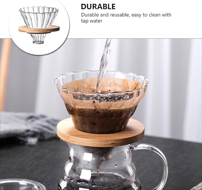 Cabilock 1set Reusable Stripe Glass Coffee Filter Funnel High Borosilicate Glass Coffee Dripper Base for Home Cafe Travel Use