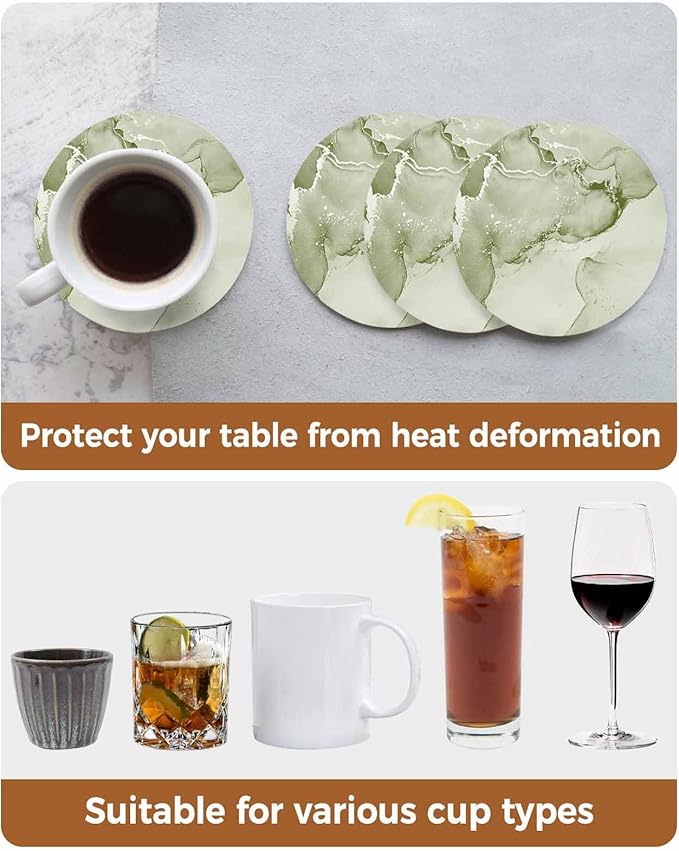 Coasters Set of 4 Sage Green Marble Drink Coasters with Holder Absorbent Stone Ceramic Cup Mat Abstract Waves Cloud Coaster for Drinks Coffee Bar Office Kitchen Cafe Home Table Decor