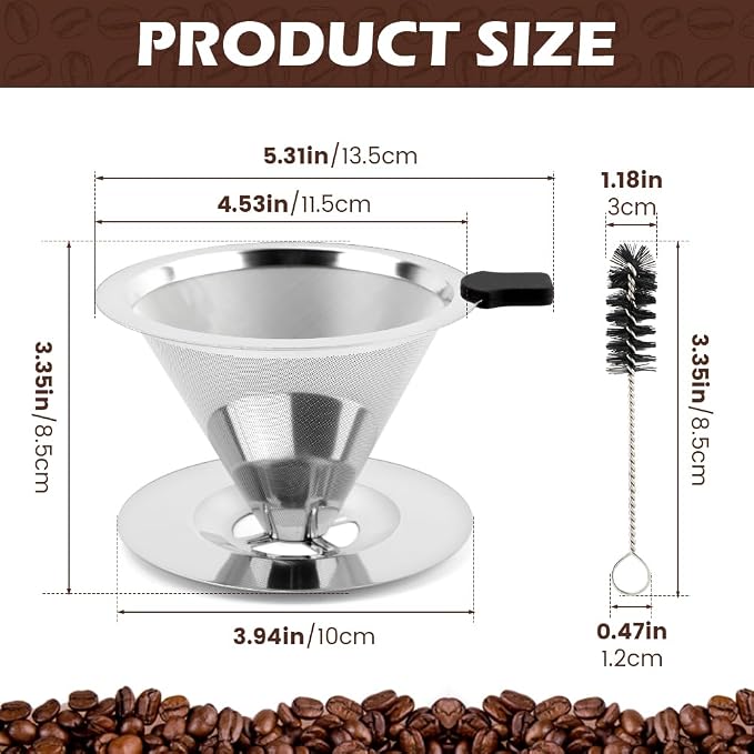 Pour Over Coffee Dripper With Cleaning Brush,Upgraded Double Micro Mesh Filter with Cup Stand,Stainless Steel Coffee Filter,Reusable Coffee Filter,Pour Over Coffee Maker(3-4cup)