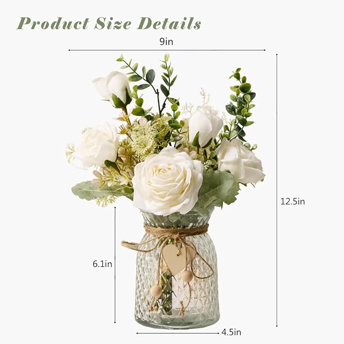 YJ Fake Flowers with Vase, Silk Roses Artificial Flowers in Vase, Faux Flower Plant Arrangement Suitable for Home Office Decoration, Dining Table Centerpiece(White)