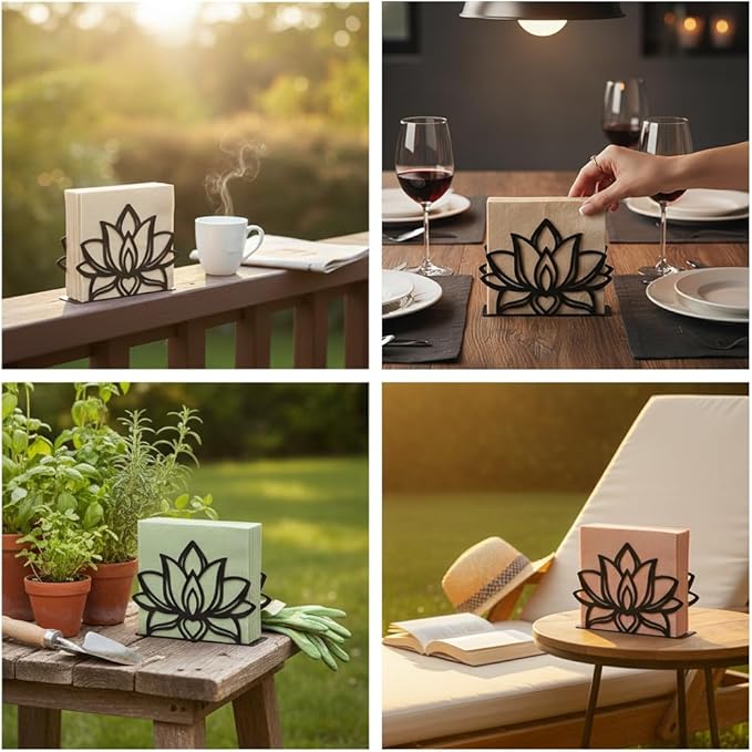 2Pack Lotus Napkin Holder for Table, Modern Metal Black Napkin Holders for Kitchen Dining Tables & Countertops, Paper Cocktail Napkins Holder Dispenser for Indoor & Outdoor