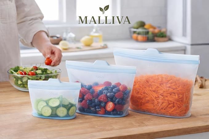 Reusable Silicone Food Storage Bags, 3 Pack (17oz, 34oz & 51oz), Stand Up Ziplock Bags for Meal Prep, Snacks & Sandwiches, Travel, BPA Free, Freezer, Microwave & Dishwasher Safe