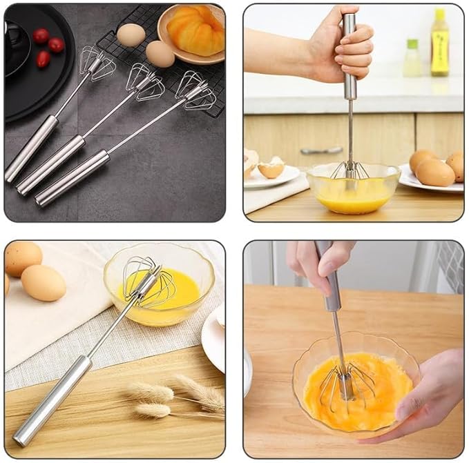 Stainless Steel Whisk, Egg Whisk Hand Push Rotary Blender, Manual Mixer Stirrer Kitchen Tool for Blending, Whisking, Beating, Stirring (2PCS)