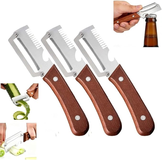 Multifunctional Vegetable Peeler with Sharp Stainless Steel Blade & Wooden Handle, 2-in-1 Kitchen Tool with Bottle Opener, Efficient Peeling for Vegetables & Fruits (3 PCS)