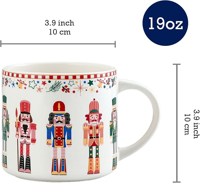 Bico Christmas Soldier Ceramic Mug Set of 4, Christmas Coffee Mugs, 19oz Holiday Cups for Tea, Cocoa, or Hot Drinks, Microwave & Dishwasher Safe