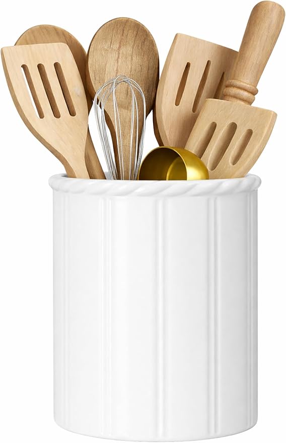 Ceramic Utensil Holder for Kitchen Counter, Modern Kitchen Utensil Holder with Cork Bottom for Countertop, Cooking Tool Organizer for Spatula, 6.3” H x 5.5 ”D, Matte White