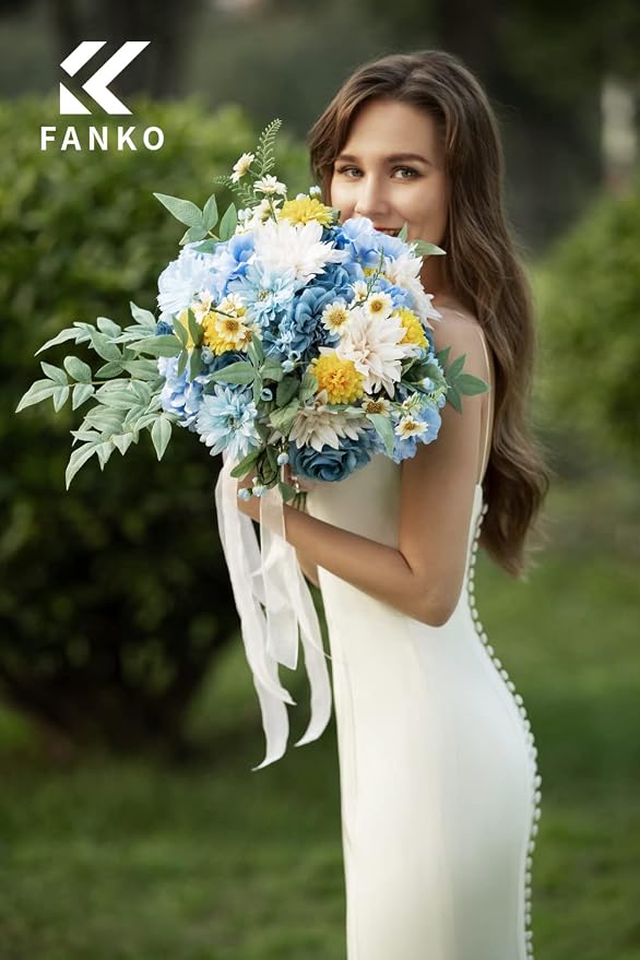 FANKO Artificial Flowers for DIY Bouquet, Blue Faux Rose, Blue White Yellow Fake Flower Rose Dahlia Daisy Hydrangea for Vase, Floral Arrangement, Centerpieces, Wedding Arches, Home Decor, Party Décor