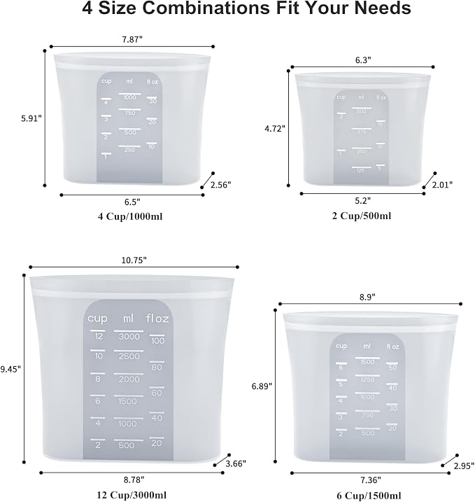 Bangp Premium Silicone Reusable Food Storage Bags,4 Pack,Stand-Up Bottom,Multi-Use Food Freezer Bag,Reclosable Silicone Bags for Marinate Meats,Salad Fruit,Home Organization,Leak-free,Dishwasher Safe