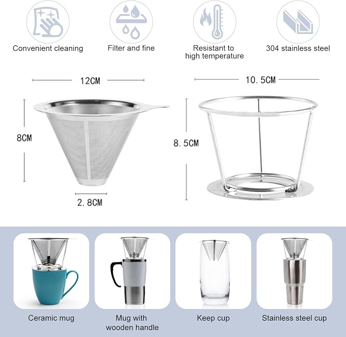 Pour Over Coffee Maker,Coffee Filter,Slow Drip Paperless Stainless Steel Cone Coffee Dripper(1-2 Cup)