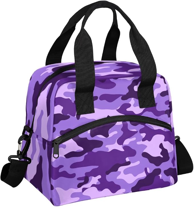 Purple Camouflage Insulated Lunch Bag for Women Men Reusable Lunch Box Cooler Bag Large Leakproof Lunch Tote with Adjustable Shoulder Strap for Adult Work Picnic Camping Beach Office