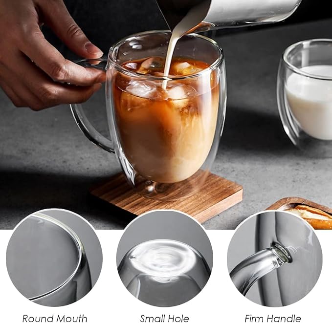 4 Pack 12oz Double Walled Glass Coffee Mugs with Bamboo Lid/Spoon, Clear Coffee Cups and Mugs Set of 4, Cappuccino Latte Glasses Cups, Espresso Mug Cups for Latte, Hot/Cold Drink