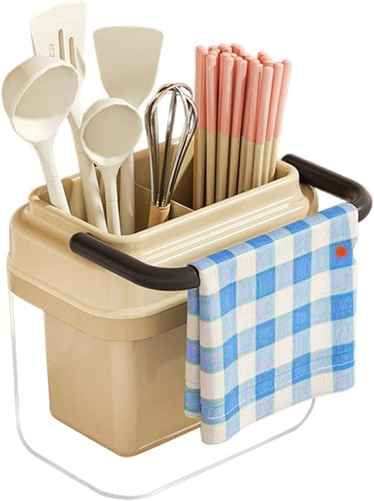 Utensil Holder, Non Slip Kitchen Cutlery Drainer, 6.92x6.92x4.76 Inches Large Drying Rack Container, Multi Slot Spoon Fork Storage Organizer, Kitchen Sink Countertop Caddy, Use for Home Restaurant
