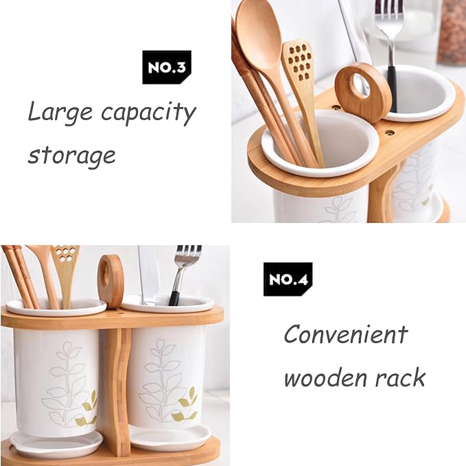 Dxcaicc Kitchen Utensil Holder for Countertop, Ceramic Silverware Caddy with Wooden Rack,Rustic Flatware Holder with Drain Tray,for Spoon, Fork, and Knife