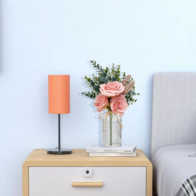 Silk Flowers with Vase, Artificial Flowers Arrangement with Glass Vase Artificial Flowers Bouquet for Decoration Table Centerpiece (Pink)
