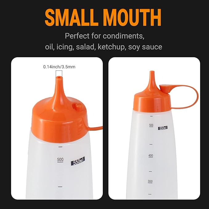 6 Pack 550ml/19 oz Condiment Squeeze Bottles Plastic Empty Condiment Dispenser with Cap Lids - Perfect for Condiments, Oil, Icing, Salad, Food Liquid