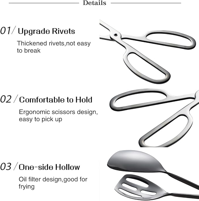 2 Pieces Buffet Salad Tongs for Kitchen Serving and Cooking, Stainless Steel Food Scissor Tongs, Catering Utensil for Bread Cake Bake Steak Barbecue (Black)