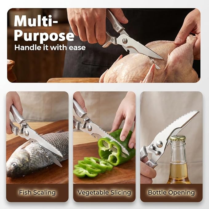 Heavy Duty Kitchen Scissors for Food, 2026 New Stainless Steel Bone Cut Kitchen Scissors Poultry Shears, Multi-Purpose Kitchen Shears for Meat Chicken Bone Fish Turkey Vegetables Seafood (1pc)