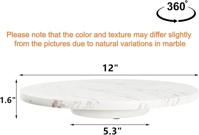 DEAYOU Marble Lazy Susan, Natural Marble Round Tray Turntable Cake Stand, 12" Lazy Susan Cheese Board with Silent Rotating for Serving, Table Display, Cupcake, White, Revolving Cake Leveler Spinner