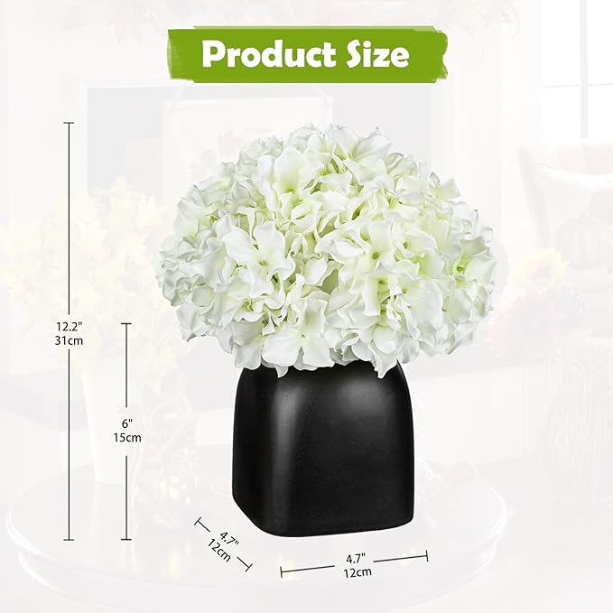 Briful White Hydrangea Artificial Flowers in Ceramic Vase, Black Vase Farmhouse Centerpieces for Tables, Dining Table Vase with Fake Flowers for Home Decor Indoor Kitchen Living Room
