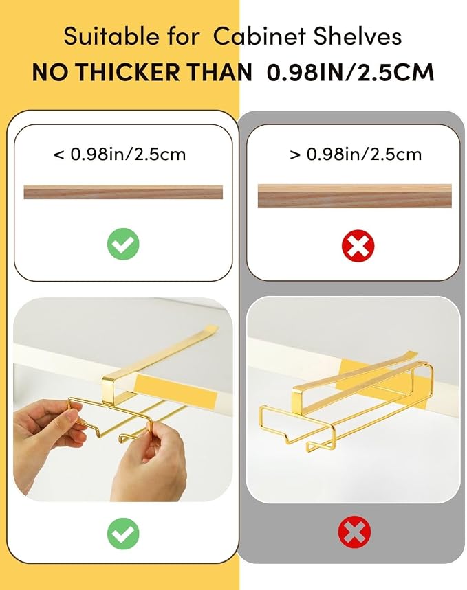LINFIDITE Gold Under Cabinet Wine Glass Holder, 2 Pack, Space Saving, Easy Installation, Anti-Skid, Compact Design, Sturdy Materials, Affordable Gift