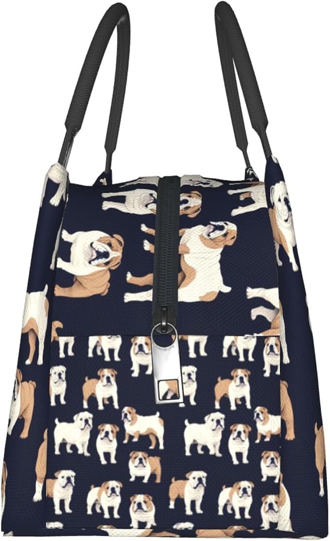 English Bulldog Insulated Lunch Box for Kids Adults Pet Lovers,Reusable Tote Bag with Cute Dog and Dark Blue,Portable Lunchbox Handbag,Makeup Bags Organizer Gifts for Work Office,11x6.3x6.7in