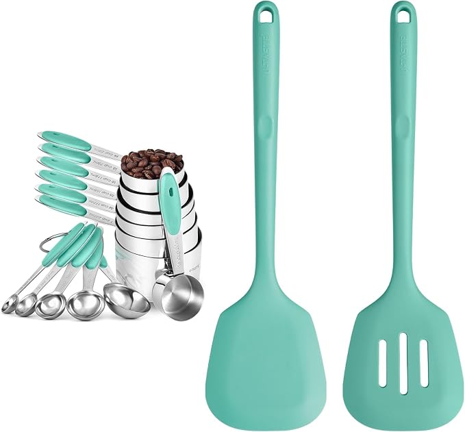 U-Taste 18/8 Stainless Steel Measuring Cups and Spoons Set (Set of 12,Multicolor), and 600℉ Heat Proof Long & Wide Silicone Solid & Slotted Turner for Egg, Pancake (Set of 2, Aqua Sky)