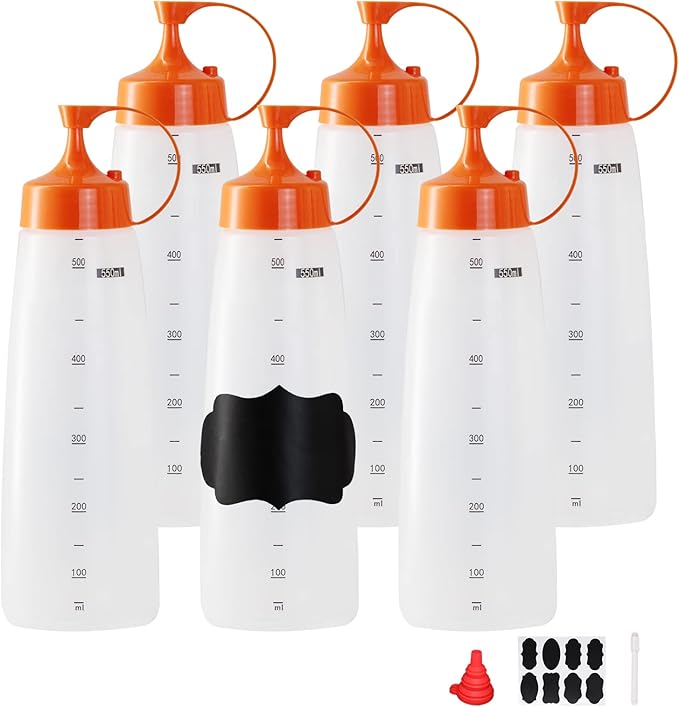 6 Pack 550ml/19 oz Condiment Squeeze Bottles Plastic Empty Condiment Dispenser with Cap Lids - Perfect for Condiments, Oil, Icing, Salad, Food Liquid