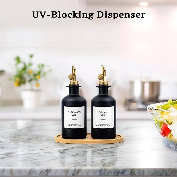 Olive Oil Dispenser Set, 2 x 11.8oz Black Glass Bottles with Auto-Flip Spouts & 2 Capped Spare Spouts, Bamboo Tray, Oil & Vinegar Cruet (Black)