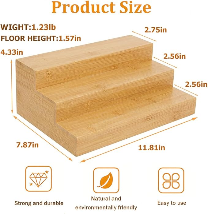 3 Tier Bamboo Spice Rack Organizer, Wooden Seasoning Organizer Shelf, 3 Tier Countertop Step Shelf for Kitchen Cabinet, Pantry, Countertop Organization, Desktop Display Shelf (2 Pack)