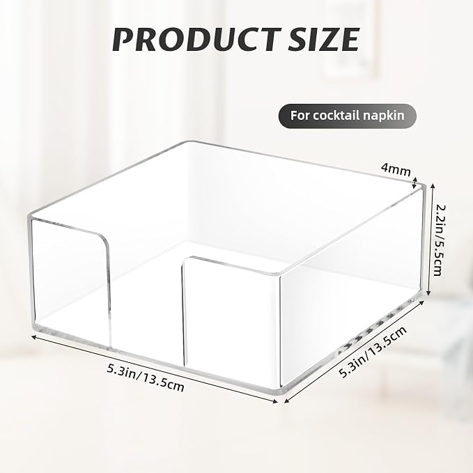 Acrylic Napkin Holder, Clear Square Cocktail Napkin Holder, Paper Lucite Tray with Side Opening, Flat Tissue Holder for Table Kitchen Bathroom Bar Dinner Party Decor,Perfect for 5 x 5 inches Napkins