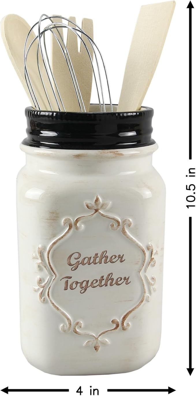 Young's Inc Farmhouse Ceramic Kitchen Tool Holder with Wooden Utensils, Decorative Gather Together Mason Jar Organizer for Kitchen Tools,10.5"