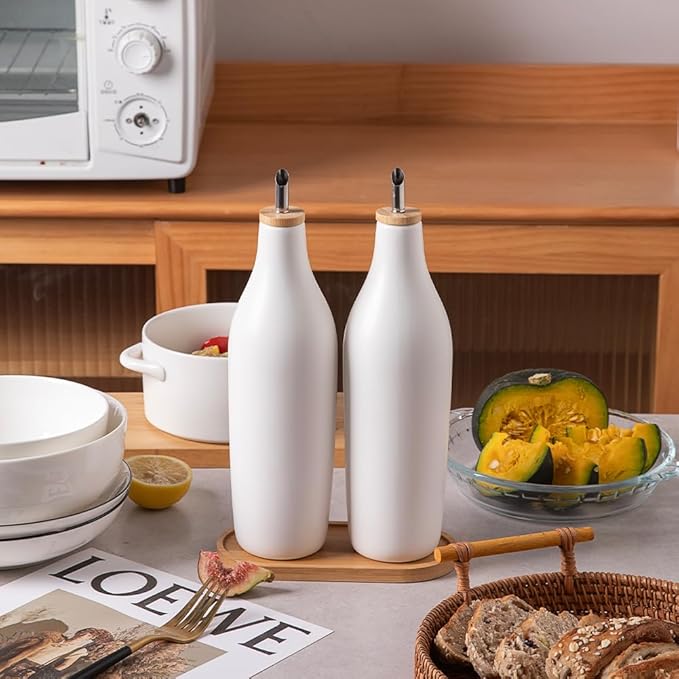 Sweejar Matte Ceramic Olive Oil Dispenser Bottles with Bamboo Tray, 17 Oz Oil Dispenser Set for Kitchen Counter, Opaque Oil Cruet for Cooking, EVOO, Vinegar, Avocado Oil, Pack of 2 (White & Tray)