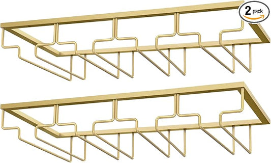 Wine Glass Rack, Under Cabinet Stemware Wine Glass Holder, Wine Glasses Storage Hanger Metal Organizer for Cabinet Kitchen Bar (Gold, 4 Rows 2 Pack)